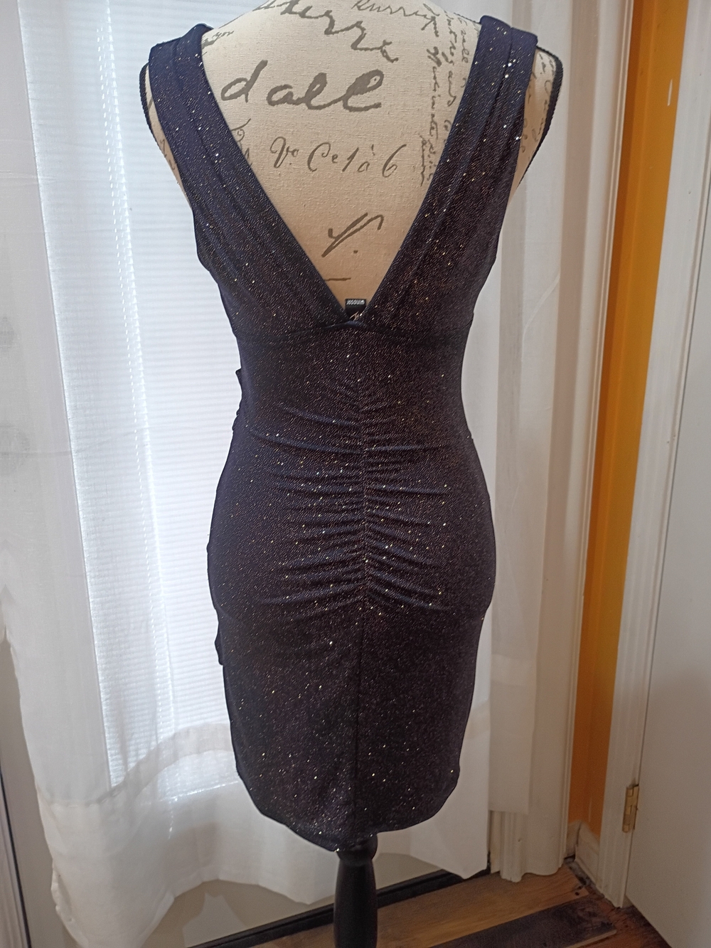 Windsor Navy Sparkle Ruched V-Neck Mini Dress Size m - Picture 3 of 6